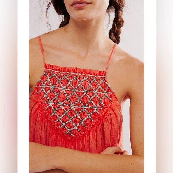 Free People Crystal Cove Smocked Mini Dress Embroidered Cutout NEW - Picture 4 of 4